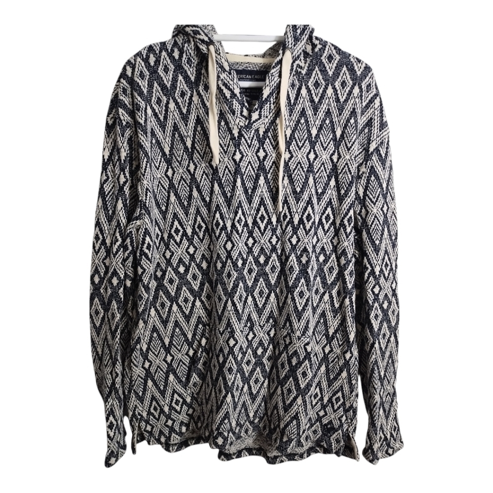 American Eagle Mens Pull Over Knit Geometric Print Hoodie‎ Preppy Sweater  MTall